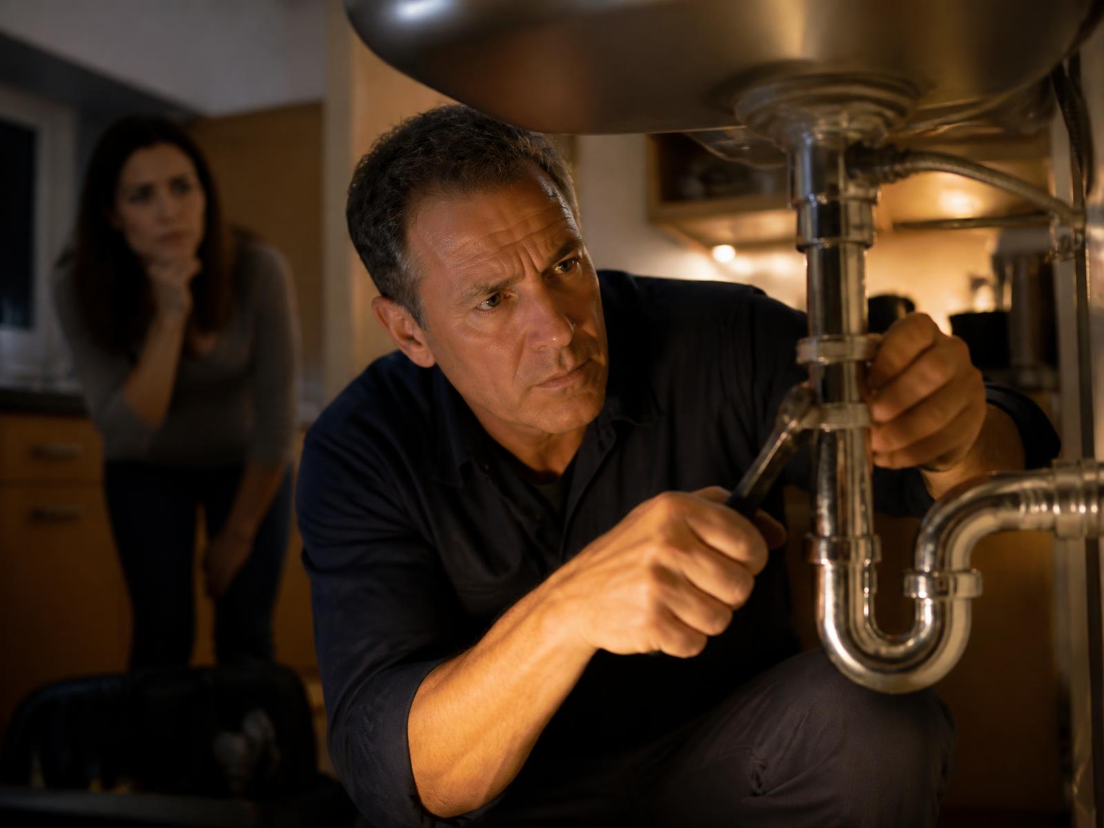 Licensed emergency plumber repairing a leaking pipe under a kitchen sink at night
